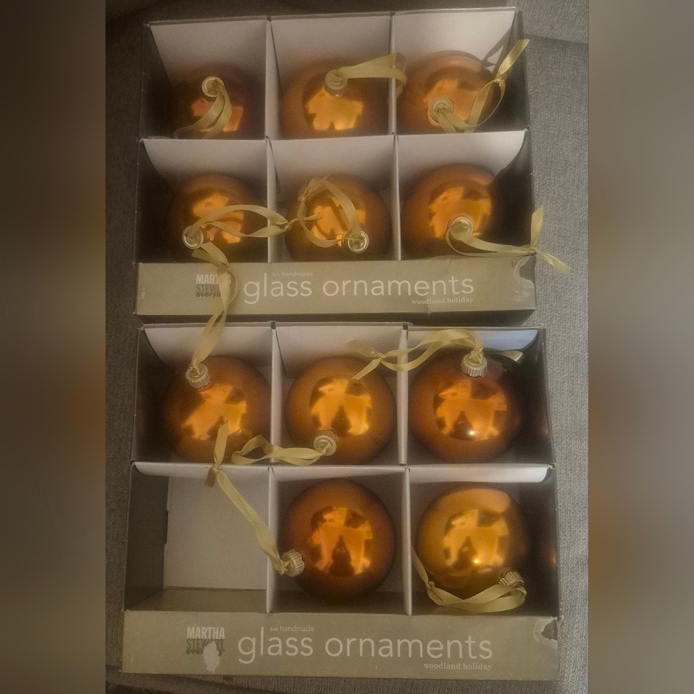 Bronze Glass Christmas Tree Bulb Ornaments W/ Yellow Ribbon Hangers 11 Pieces
